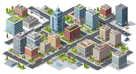 Isometric Cityscape with Modern Buildings and Streets. © Toples