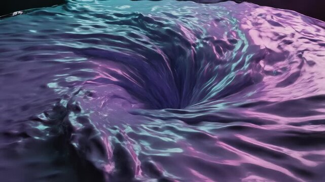 Close-up of an iridescent metallic liquid whirlpool forming a glossy, surreal vortex in purple and teal hues, showing dynamic swirling flow, ripples, and reflective surface texture