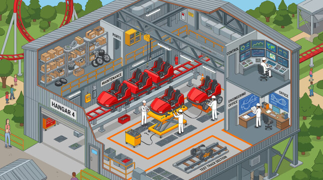 Isometric view of a roller coaster maintenance facility with engineers.