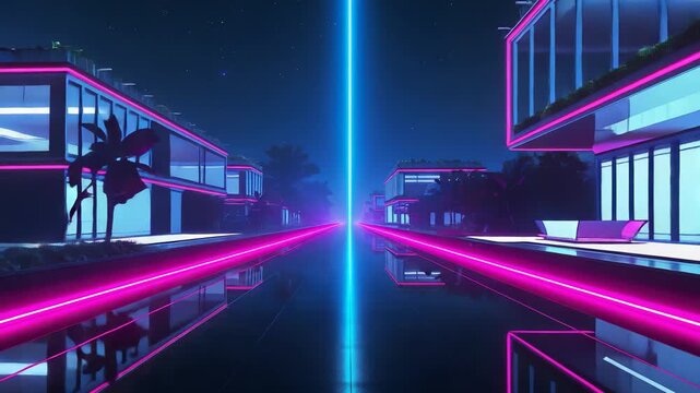 Futuristic cyberpunk city street at night with glowing pink blue neon lights reflective wet road and illuminated buildings