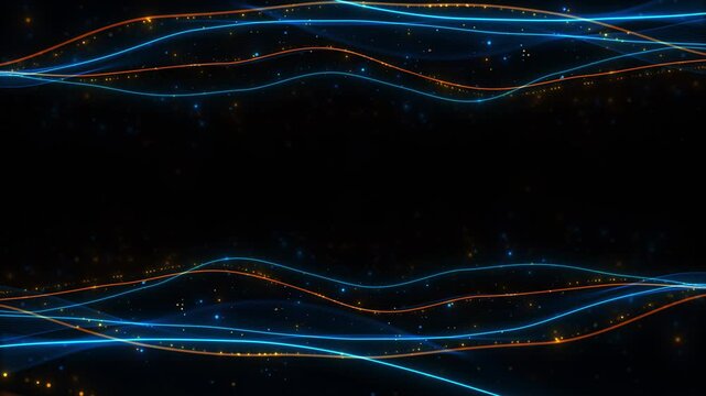 Blue orange wave line background glowing curves, tiny particles, dark center space, elegant motion energy. music tech intros, event titles, digital banners, sports futuristic promos, animated overlays