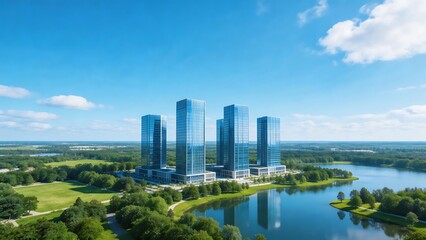 Fototapeta premium Modern skyscrapers by lake with greenery