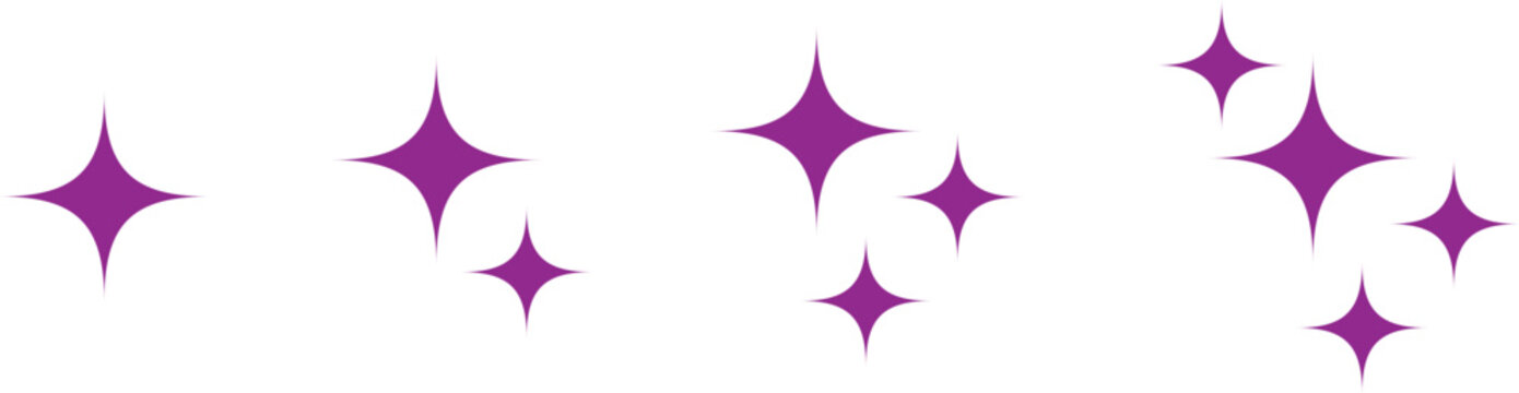 A collection of purple four-pointed star or sparkle icons in various cluster arrangements, isolated on a white background.