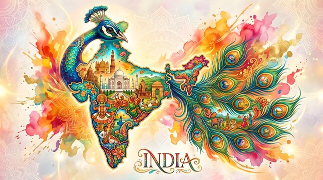 Vibrant india a watercolor map with peacock and cultural elements