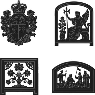Collection of four cast iron fireback silhouettes with ornate designs and decorations, isolated on transparent background