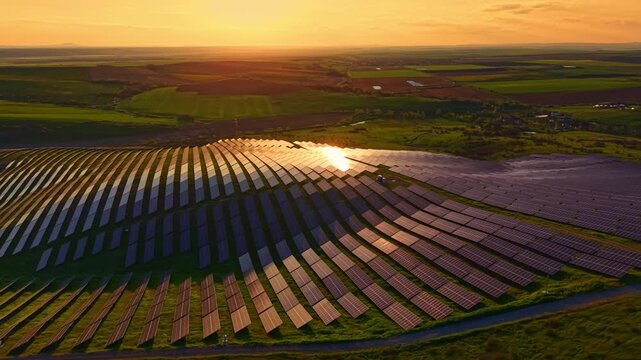 Rows of solar panels spread across a hillside near water. The sun sets in the background, casting warm light over the land. Fields and a rural area extend in the distance.
