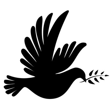 Black silhouette of a dove of peace with a twig in its beak