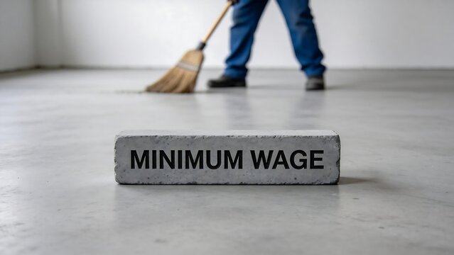 Concrete block with minimum wage text and person sweeping