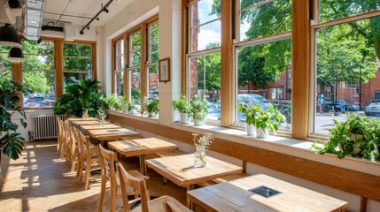 Fototapeta premium Bright dining area features light wooden tables and green plants along large windows.