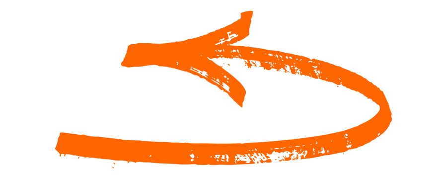 Angled orange arrow icon with thick ink strokes in hand drawn style. Creative directional pointer for edgy designs featuring urban street art elements and vibrant colors for graphics.