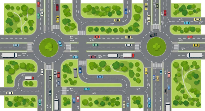 Aerial View of Busy Traffic Intersection with Roundabouts and Cars.