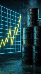 yellow upward trending digital graph and stack of weathered metal oil drums. financial markets,commodity prices, and oil-related economic dynamics, conjuring concept of oil price growth and crisis