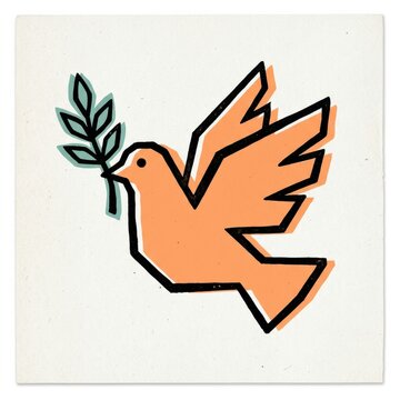 A bird holds an olive branch, representing unity and goodwill in a graphic style. This piece is part of a collection focused on political themes.