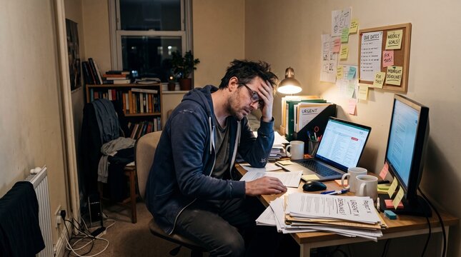 Stressed man working late at home office, surrounded by paperwork, laptop, coffee cups, and sticky notes, feeling overwhelmed by modern life and deadlines in cluttered workspace