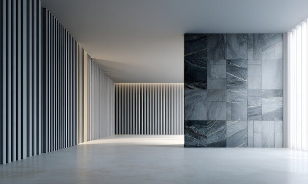 Modern architectural interior with a large patterned wall and vertical ribbed panel. Light streams in from a side window