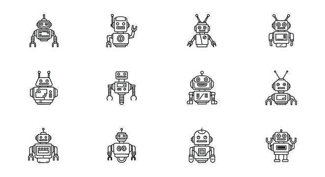 Robot icons set linear style isolated on white background