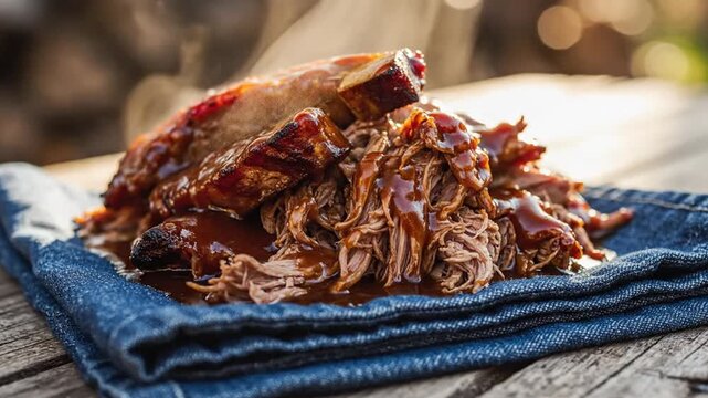 Hot Smoked Pulled Pork And Ribs With Steaming Sauce On Denim Napkin