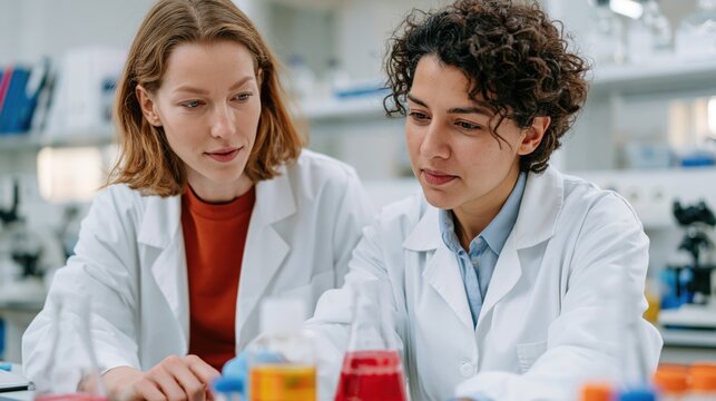 Two female scientists collaborating on research at a laboratory bench with beakers