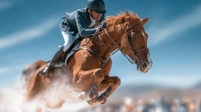 Professional rider performing show jumping with horse over obstacle in equestrian competition arena