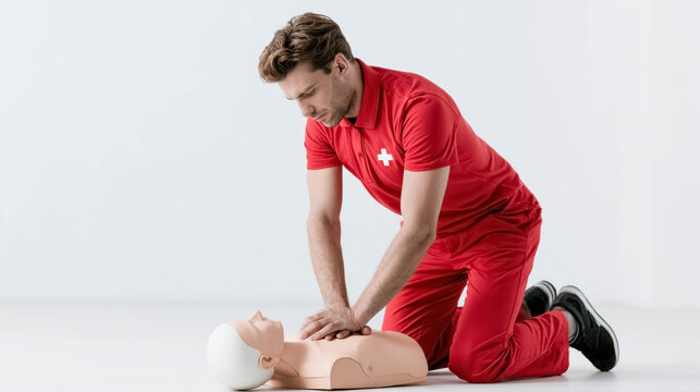 First aid instructor kneeling on floor performing CPR chest compressions on training manikin in bright classroom