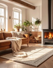 Fototapeta premium Cozy living room interior with burning fireplace, brown sofa, knit throw blanket, and sunlight streaming through windows for warm home decor atmosphere