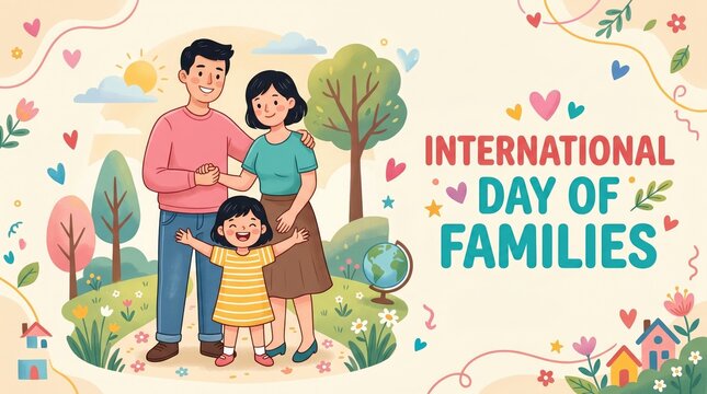 Cute family illustration for International Day of Families with blooming flowers and soft pastel colors background