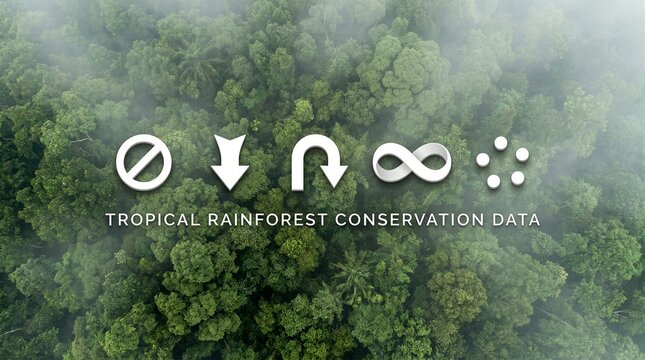 High angle view of tropical rainforest canopy with white conservation icons and text for ecological data and protection