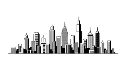 Fototapeta premium Monochrome Cityscape Silhouette with Skyscrapers and Urban Skyline.