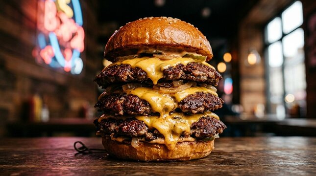 Triple Stack Smash Burger With Caramelized Patties And Melted Cheese On Toasted Brioche Bun