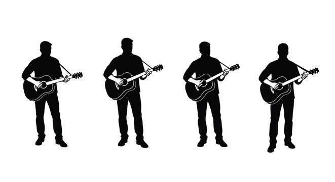 guitar player silhouettes playing acoustic guitar on white background