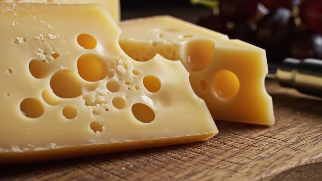 Close-up of sliced Swiss Emmental cheese with characteristic round holes and creamy texture on a wooden cutting board with grapes and a cheese knife in a rustic still life