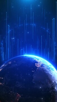 Global planet data network Earth horizon, light streams, star field, futuristic digital glow. for technology videos, world communication, science explainers, space visuals, network intros, corporate
