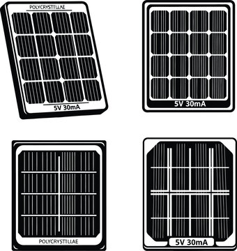Four different polycrystalline solar cell panel designs with 5V 30mA output, isolated on transparent background