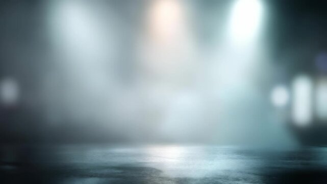 Abstract cityscape at night with soft, diffused lights reflecting on a shiny surface. Moody ambiance and misty air evoke a futuristic, surreal feeling perfect for creative backgrounds