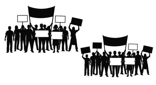 protesting crowd silhouette with banners and signs on white background