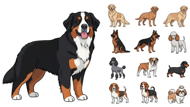 Collection of Diverse Dog Breeds Illustrated in a Flat Design Style
