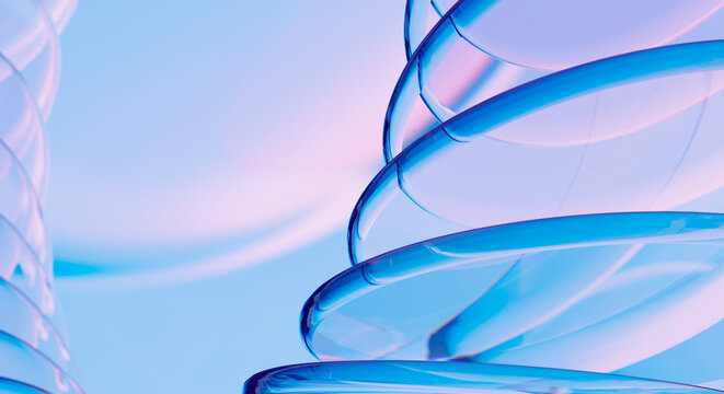 Abstract Glass Helix Structure 3D Render with Blue and Pink Light Reflections for Futuristic Science Concept