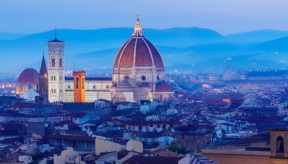 Fototapeta premium Renaissance Splendor: Breathtaking Panoramic View of the Florence Skyline Featuring the Iconic Duomo Cathedral Dome, Giotto's Campanile, and Historic Terracotta Rooftops at Golden Hour
