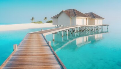 Fototapeta premium Tropical Paradise: Luxury Overwater Villas and Wooden Boardwalk over Crystal-Clear Turquoise Waters in the Maldives