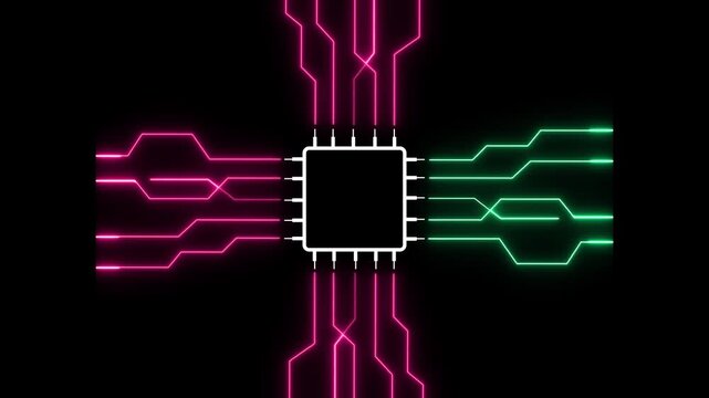 Networking chip icon futuristic neon circuit board AI animated. on black background. Motion graphic of digital AI logo with futuristic technology