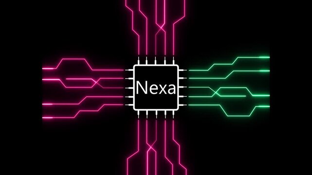 Networking chip icon futuristic neon circuit board AI animated. on black background. Motion graphic of digital AI logo with futuristic technology