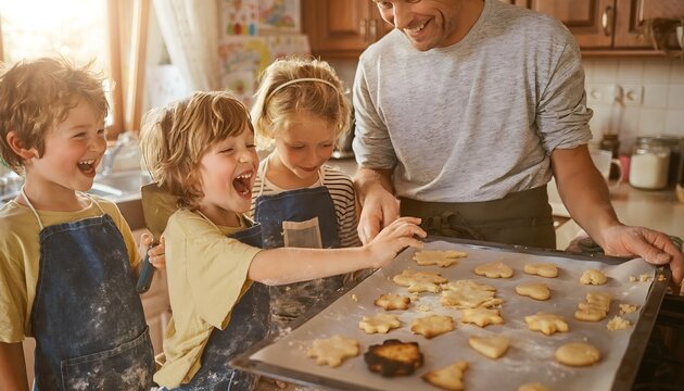 Kitchen Joy: Heartwarming Candid Photograph of a Family Baking Cookies Together, Capturing a Child's Mid-Laugh Reaction Over a Tray of Imperfectly Shaped Homemade Treats