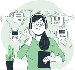 Woman wearing headphones listening to international greetings over world map background art. © MehediHasan