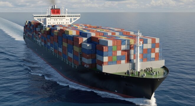 A large cargo ship is sailing across the ocean, carrying a variety of colorful containers. The ship is moving at a steady pace, with the waves gently rocking it back and forth.