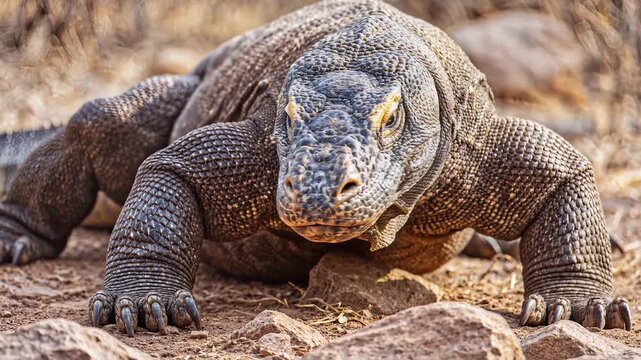 Closeup of a Komodo Dragon lizard in its natural habitat.