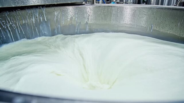 Industrial Mixing Process of Dairy Product in Large Stainless Steel Tank.