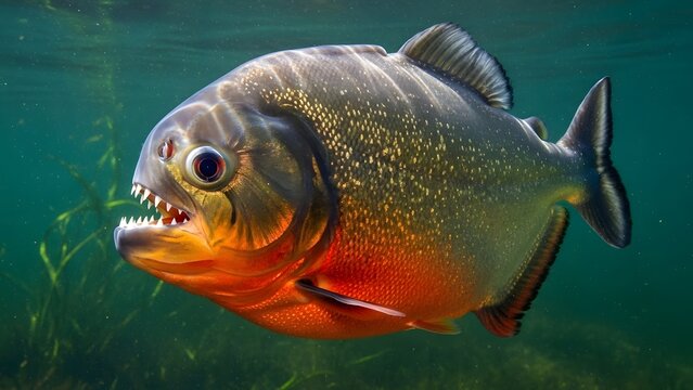 Close-up underwater shot of a piranha with sharp teeth and red coloration, showing its menacing appearance