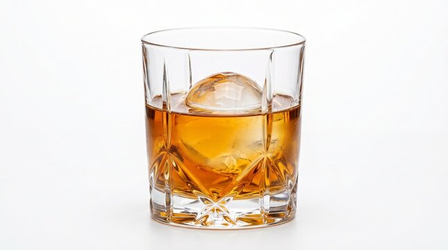 Whiskey in a crystal glass with a large ice ball round ice rocks glass