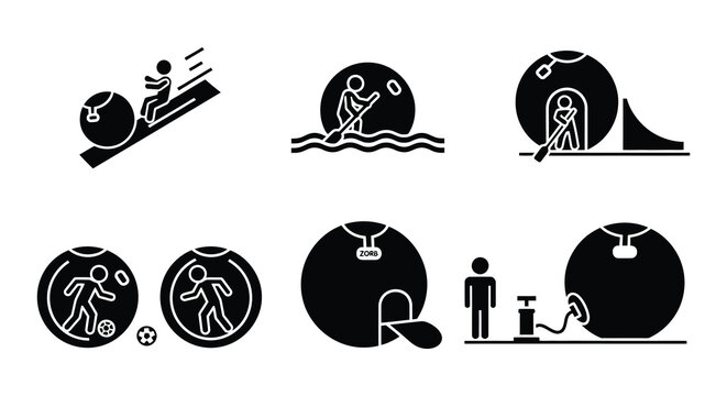 Zorb ball icons set people inside transparent sphere black silhouette