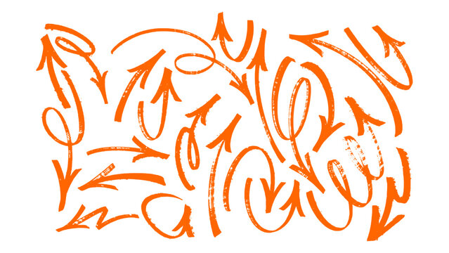 Big set of orange arrow pointers in creative hand drawn style. Edgy urban collection featuring various directional strokes and street art style elements for modern branding.